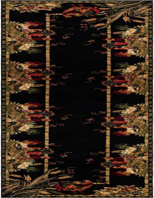 A long black runner rug with a traditional botanical pattern featuring roosters, wheat, and floral elements in red, green, and gold.