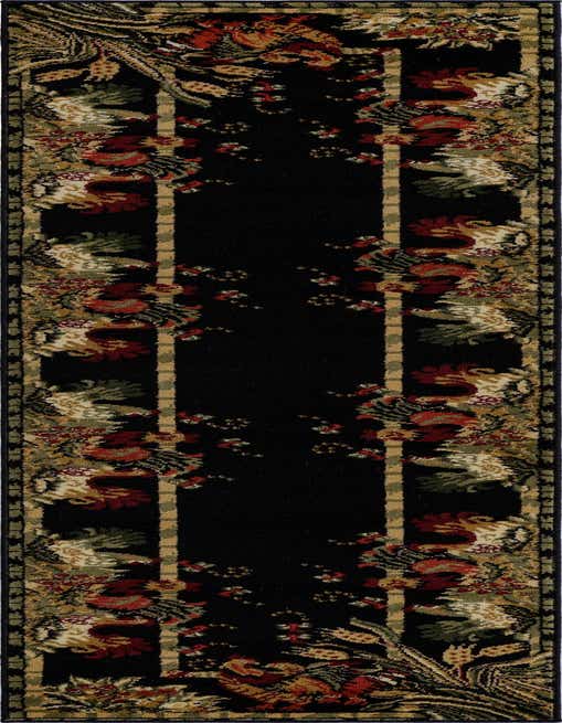 A black 8 ft runner rug with a traditional botanical pattern featuring roosters and floral motifs in red, gold, and green.