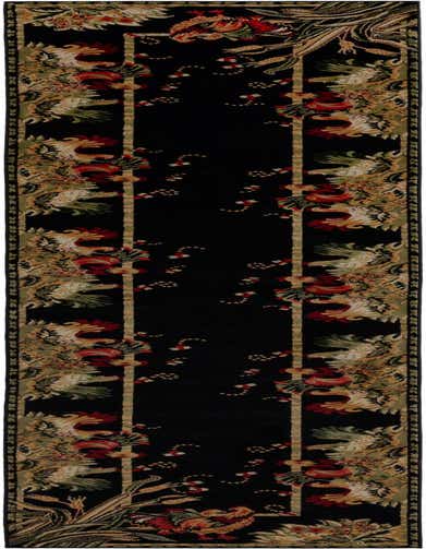 A black 16 ft runner rug with a traditional botanical pattern featuring roosters and floral motifs in red, green, and gold.