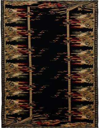 A long black runner rug with a traditional botanical pattern featuring roosters, wheat, and floral motifs in red, gold, and green.