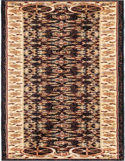 A 10 ft black runner rug with a rustic medallion pattern in shades of cream, gold, and red, perfect for a hallway.