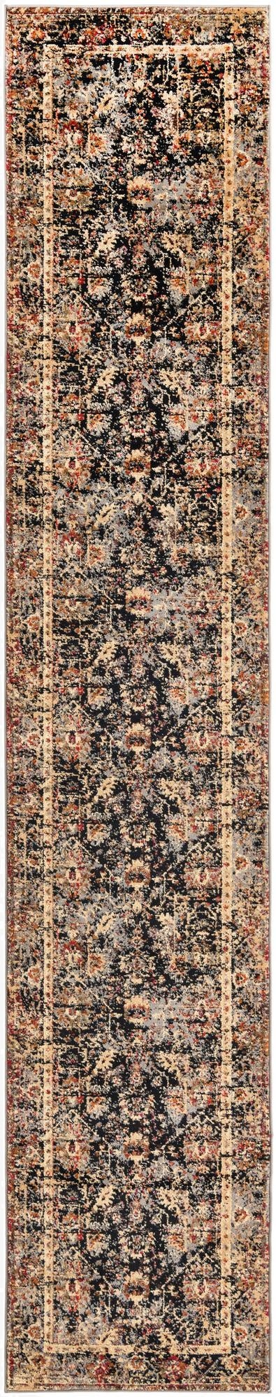 A 14 ft runner rug in black with a distressed traditional floral and tribal pattern, featuring accents of beige, red, and grey, ideal for a hallway.