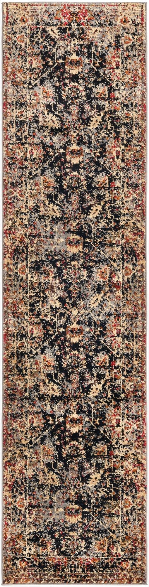 A 9 ft runner rug from the Rugs.com Saturn collection, featuring a distressed traditional pattern in black, beige, gray, and hints of red and orange.