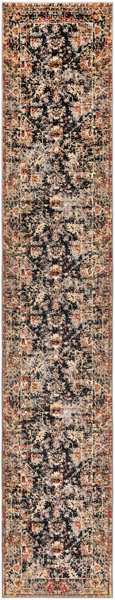 A 12 ft runner rug with a distressed black, beige, and red traditional floral pattern, perfect for a hallway.