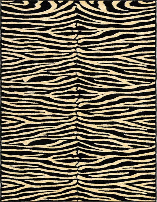 A 10 ft runner rug featuring a bold black and cream zebra stripe pattern, ideal for a hallway.