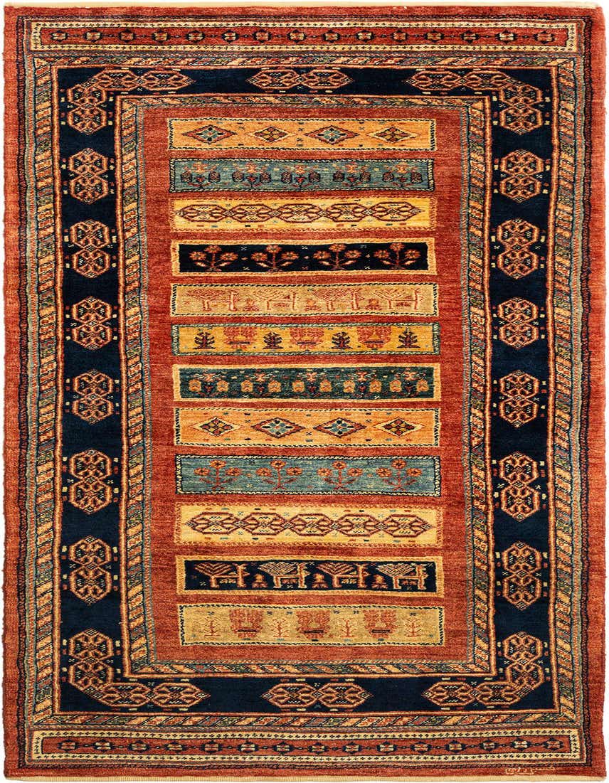 A 7 ft runner rug in a Persian style, featuring a black border with intricate patterns and a central field of alternating rust, gold, and teal stripes with traditional motifs.