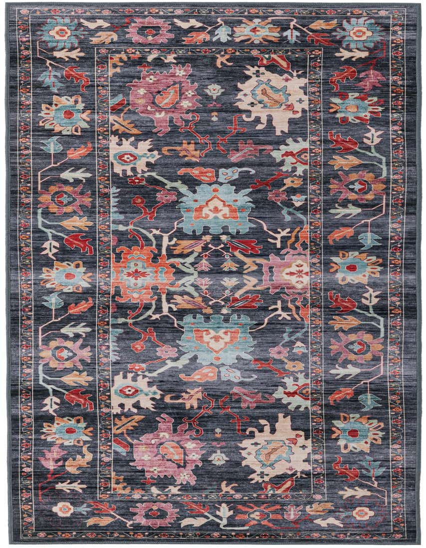 A 5 ft runner rug in black with a vibrant traditional Oriental pattern featuring red, pink, blue, and beige floral motifs.