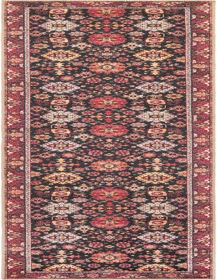 A 12 ft black runner rug with a traditional oriental pattern featuring red, cream, and gold medallions and floral motifs, ideal for a hallway.