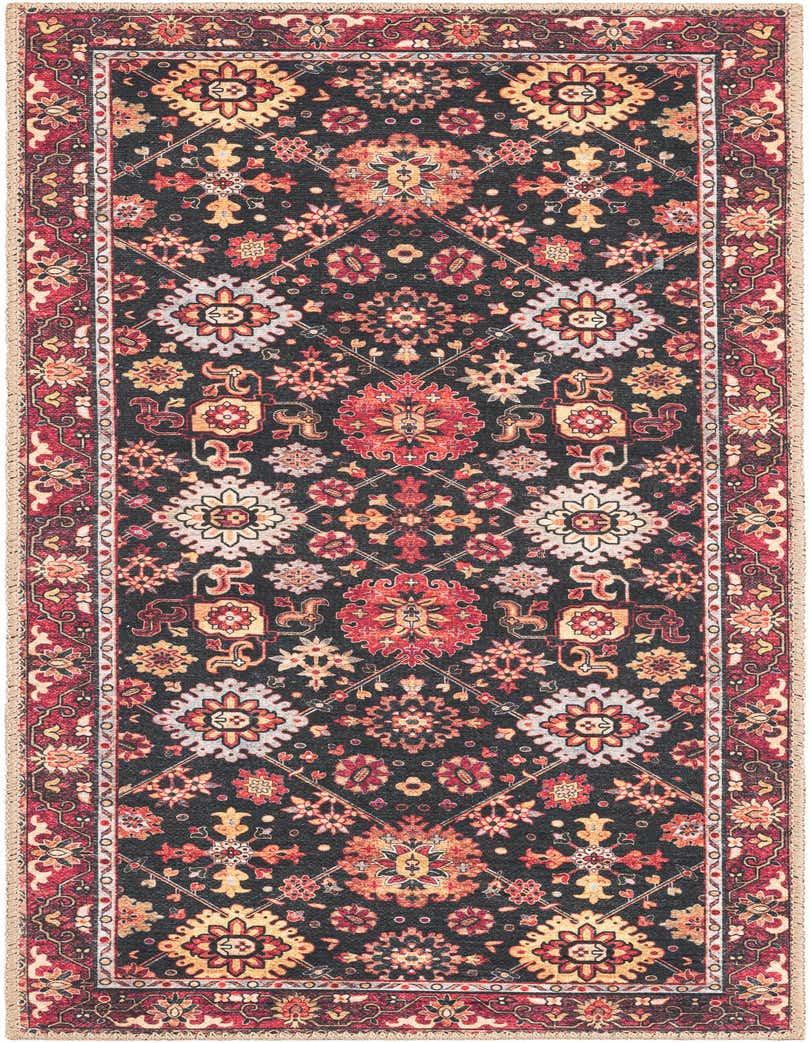 A 5 ft runner rug in black with a traditional Oriental medallion pattern in red, orange, and cream, suitable for a hallway.