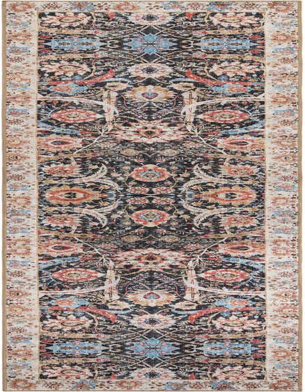 A 12 ft runner rug with a distressed traditional pattern in black, red, and blue, featuring a light border.