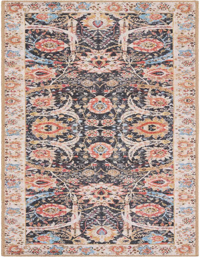 A 6 ft runner rug with a black background and a traditional floral pattern in red, blue, and gold, framed by a cream border.