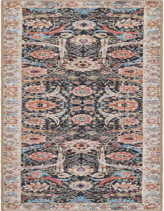 An 8 ft runner rug with a black background and a detailed trellis pattern in muted orange, blue, and cream, ideal for a hallway.