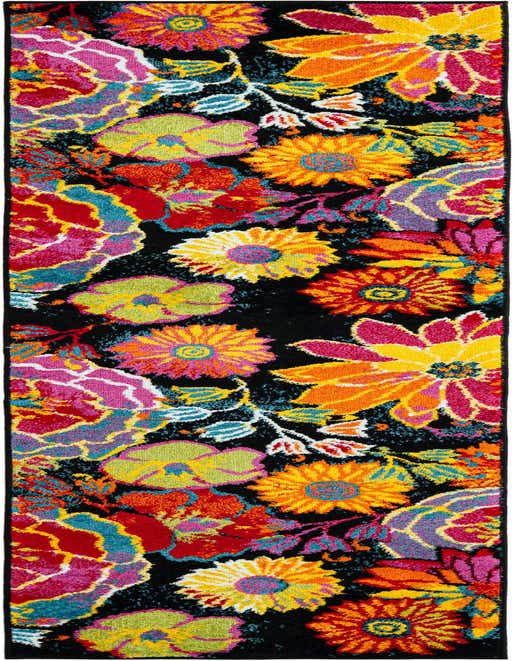 A vibrant 8 ft runner rug with a black background and large, colorful floral patterns in pink, orange, yellow, and green.
