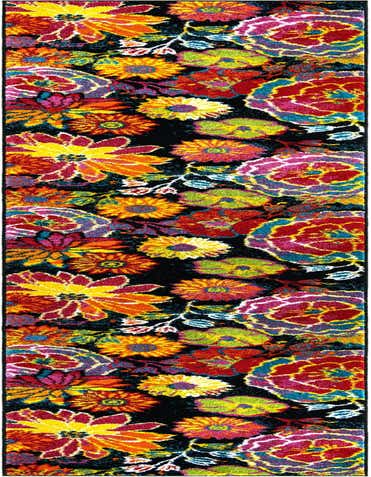A vibrant 14 ft runner rug from the Tuscany collection, featuring a bold modern floral pattern with large blooms in red, orange, yellow, pink, and blue on a black background, ideal for a hallway.