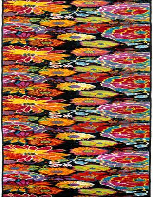 A vibrant 16 ft runner rug with a black background and large, colorful modern floral patterns in red, orange, yellow, pink, and blue, perfect for a hallway.