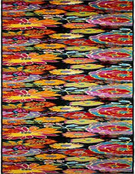 A 20 ft runner rug from the Tuscany collection, featuring a vibrant modern floral pattern with large red, yellow, orange, and purple flowers on a black background, ideal for a hallway.