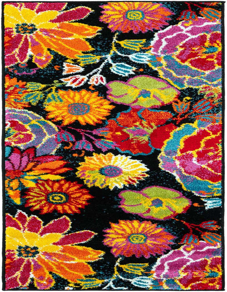 A vibrant 5 ft runner rug with a black background and large, colorful floral patterns in yellow, orange, pink, red, and green, perfect for a hallway.