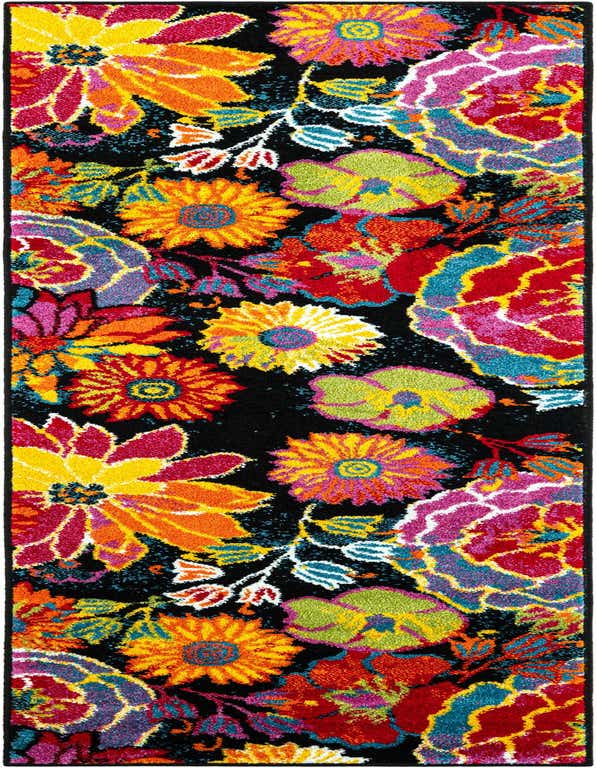 A 7 ft runner rug featuring a vibrant modern floral pattern with large flowers in red, yellow, orange, pink, and blue on a black background, ideal for a hallway.