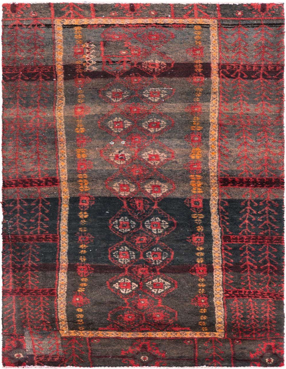 A 5 ft runner rug in black and red with a vintage Persian medallion pattern, ideal for a hallway.