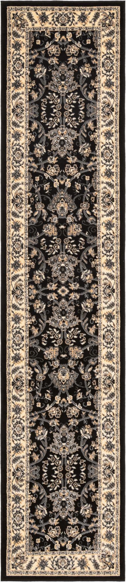 A long black runner rug with a traditional floral pattern in grey and beige, featuring a detailed border.