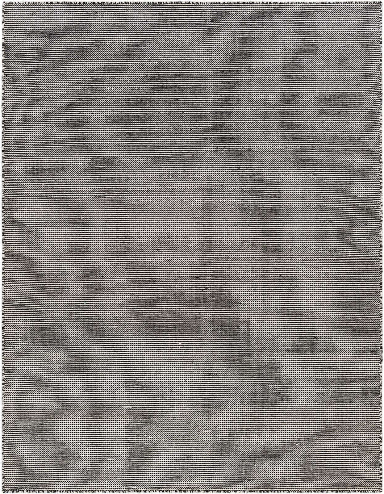 A 5x8 rectangular black and off-white modern flatweave rug with a textured striped pattern, suitable for indoor or outdoor spaces.