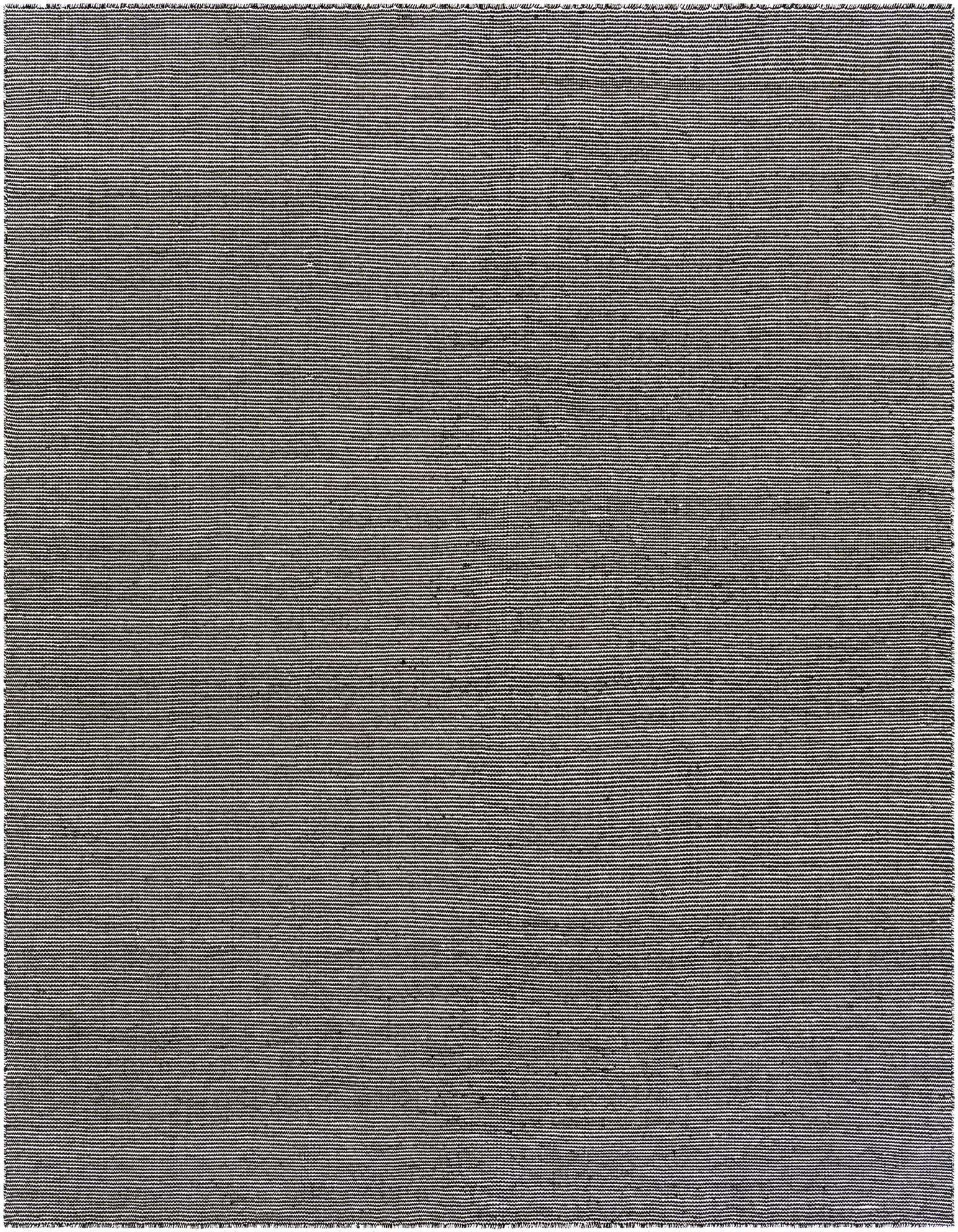 A 10'x10' square black sky modern flatweave rug with subtle horizontal stripes, suitable for indoor or outdoor use.