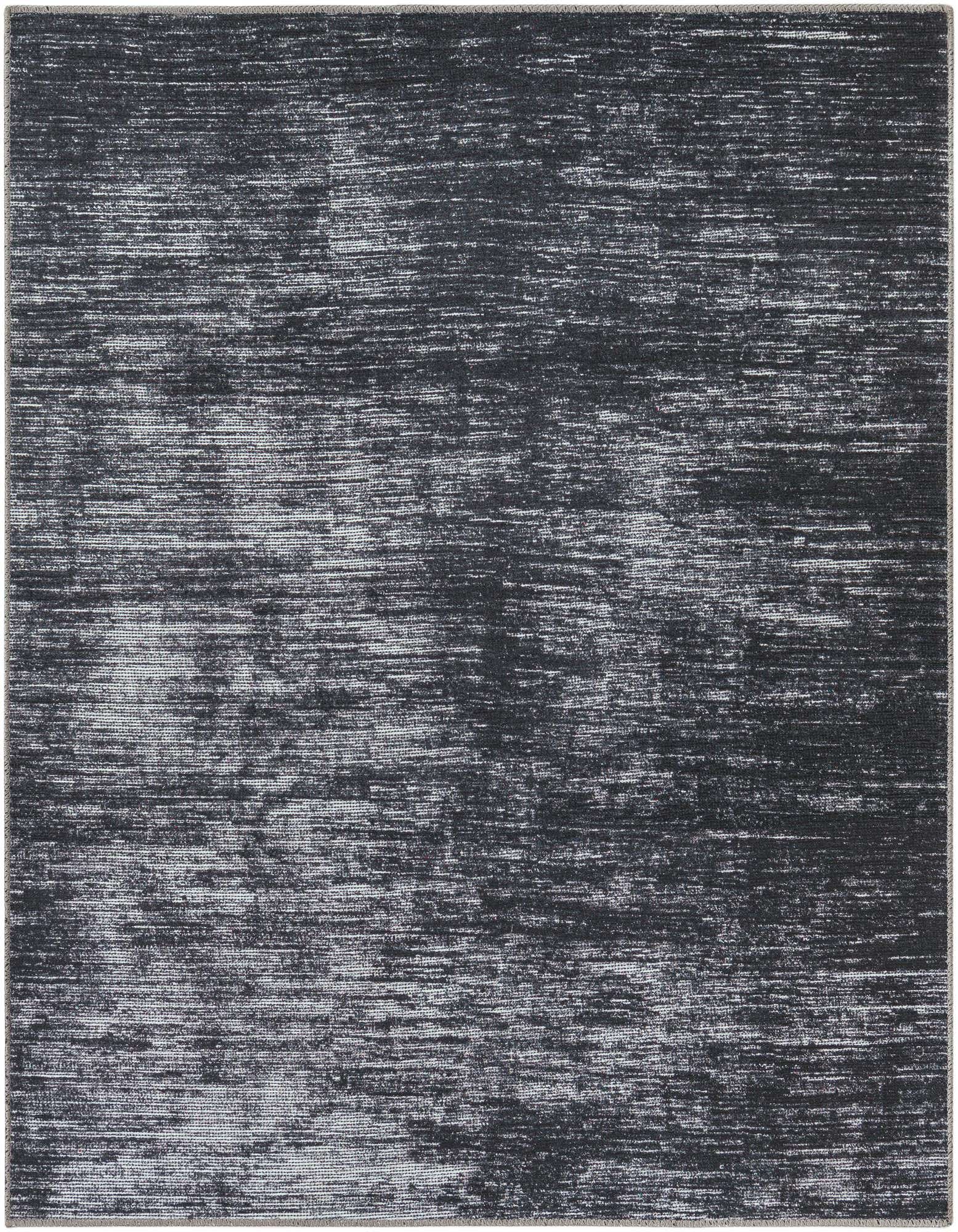 A 5' 0 x 5' 0 square black modern rug with a subtle textured stripe pattern, ideal for contemporary indoor spaces.