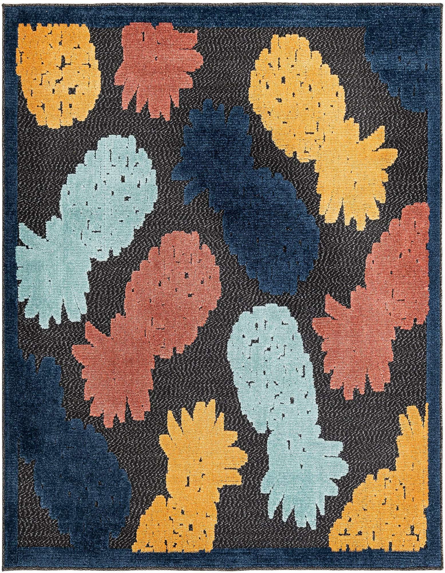 A 5'3" x 5'3" square black outdoor rug featuring a playful, abstract pattern of colorful pineapples in coral, yellow, and light blue.