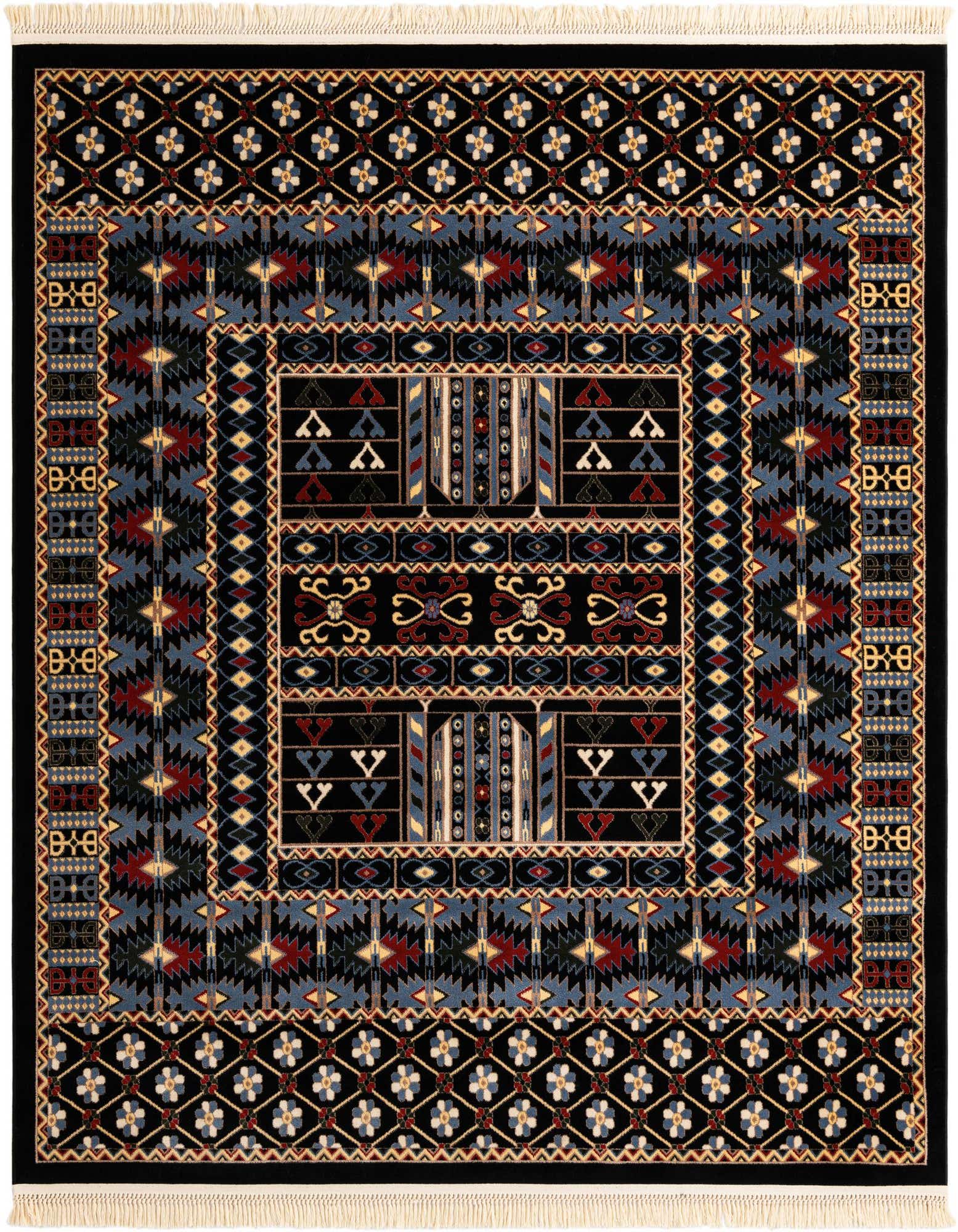 A 7' 10 x 7' 10 square black rug with intricate geometric and floral patterns in blue, red, and cream.