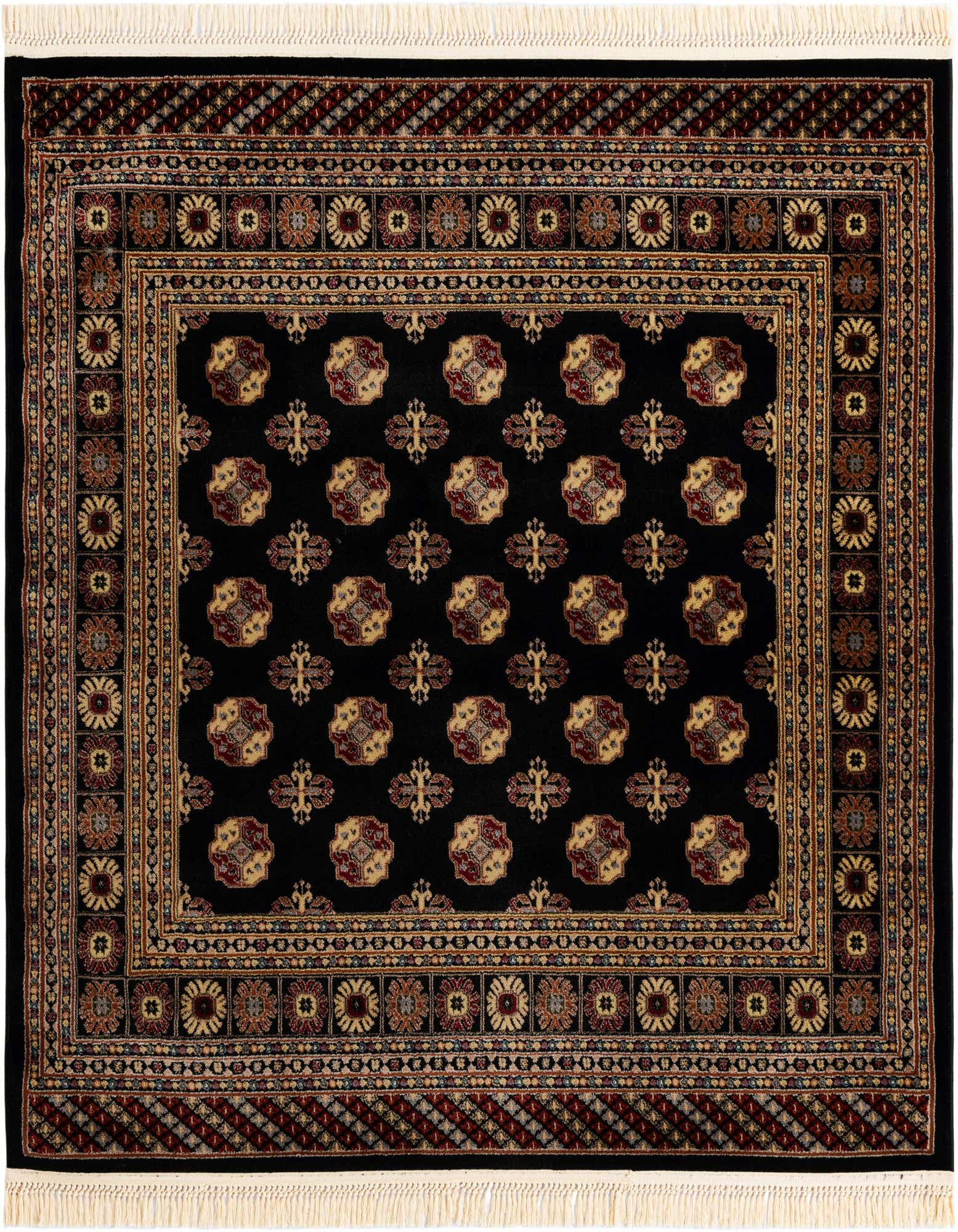 A 6' 0 x 6' 0 square black Bokhara rug with intricate traditional patterns in gold, red, and cream, featuring a central medallion-like motif repeated across the field and a multi-layered border with fringe.