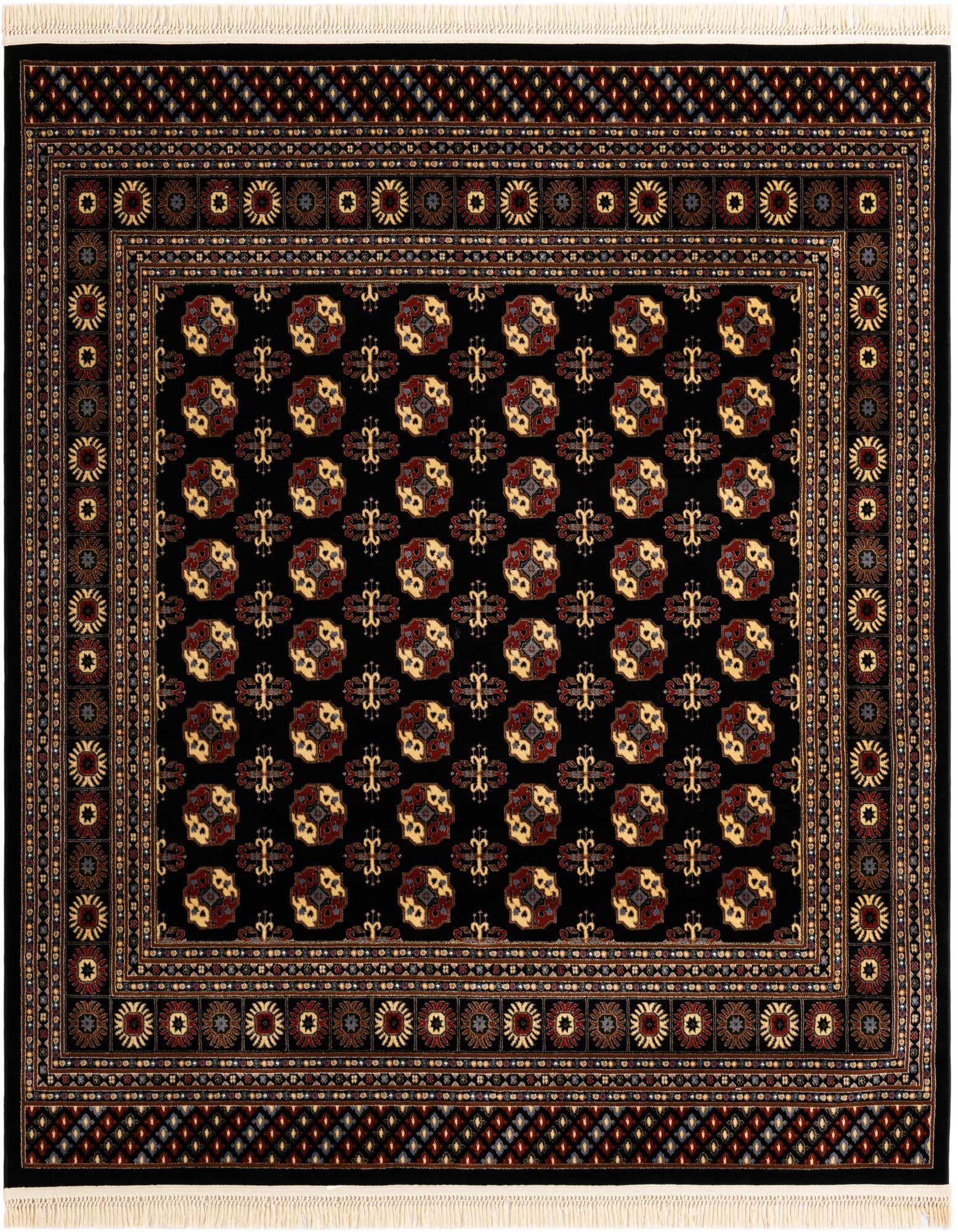 A 7' 10 x 7' 10 square black Bokhara rug with intricate red, gold, and cream traditional patterns and a decorative border.