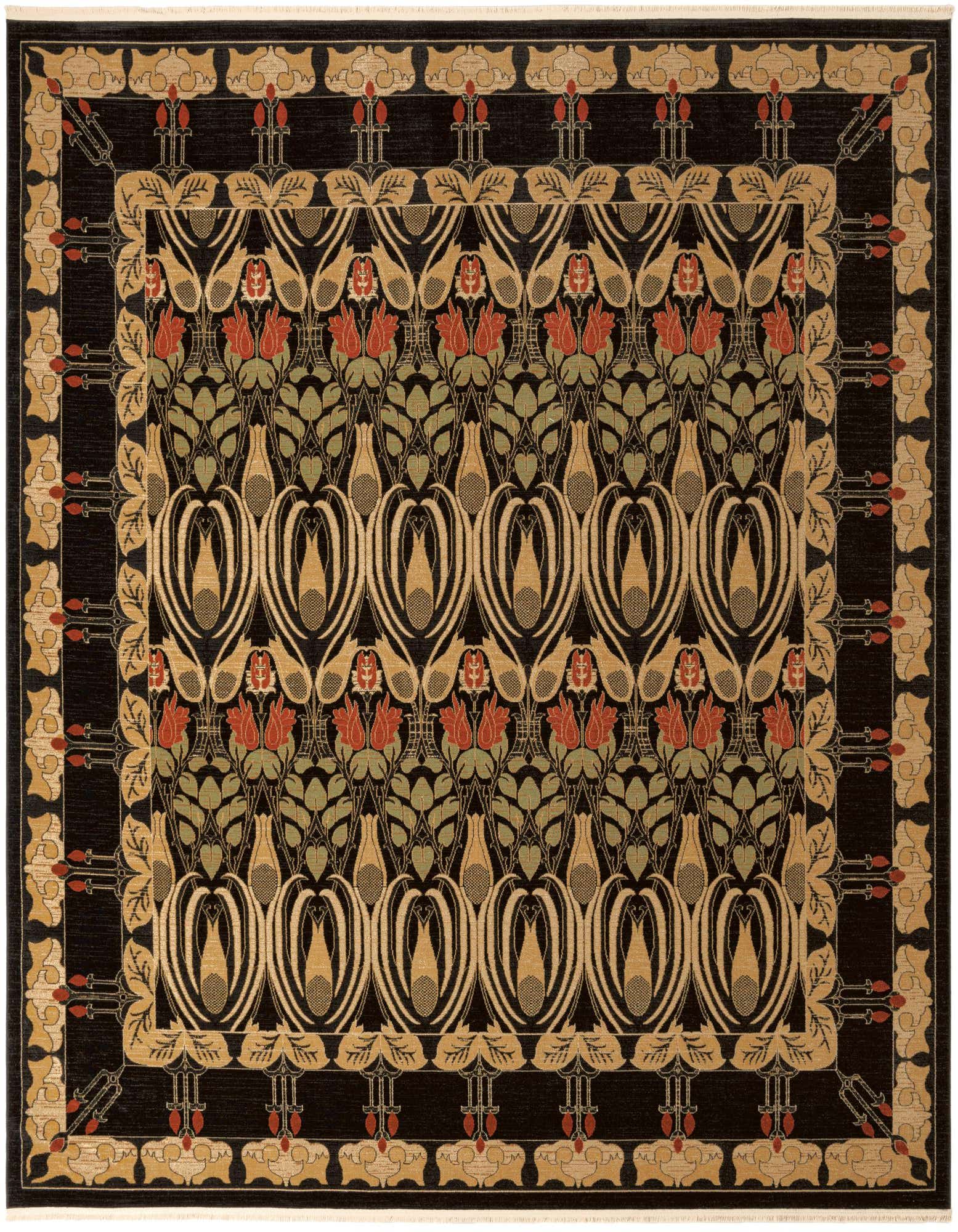 A 12'x12' square black rug featuring an intricate modern abstract pattern in gold, red, and green, perfect for a living room.