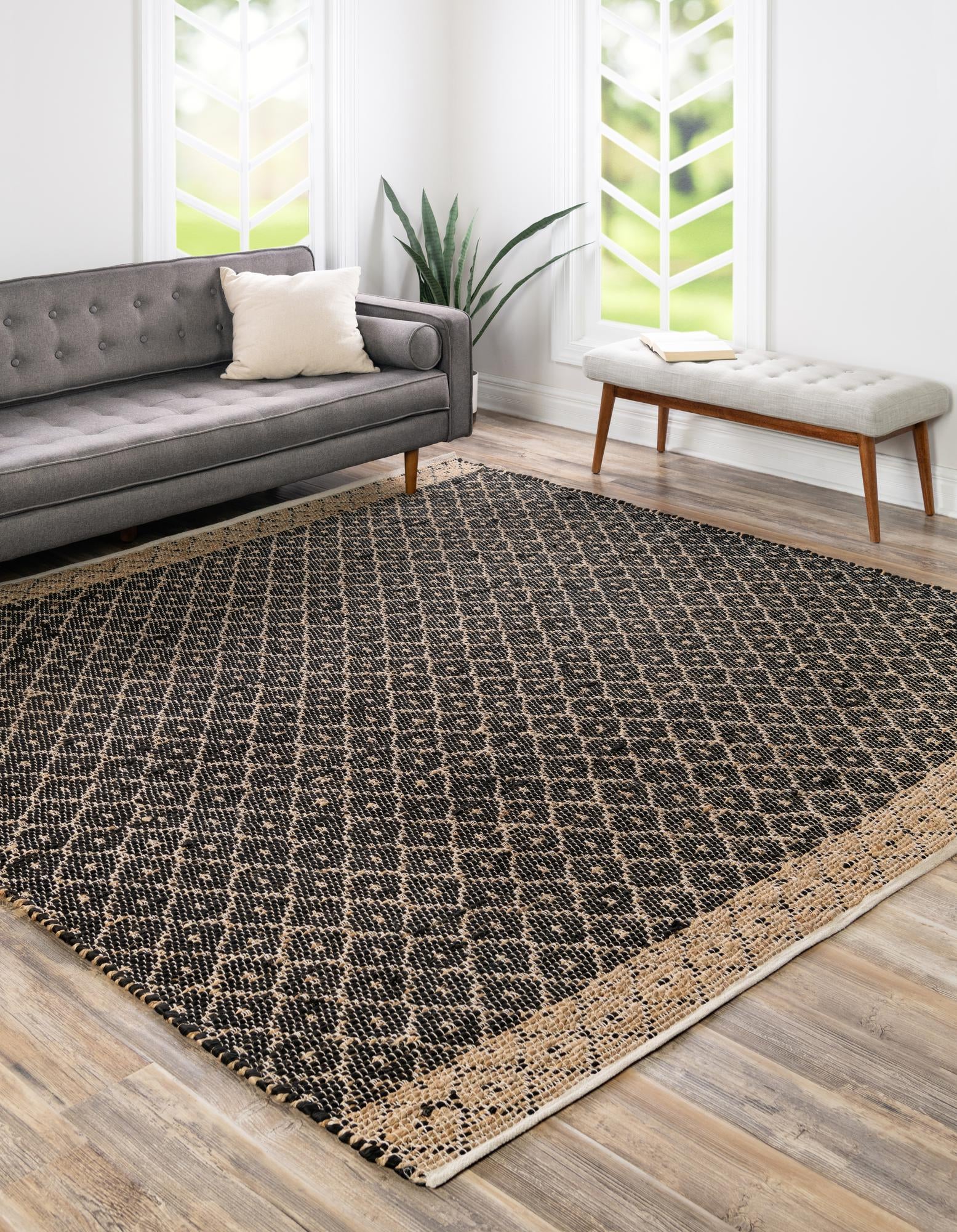 Black 10' x 10' Hand Woven Chindi Trellis Square Rug | Rugs.com