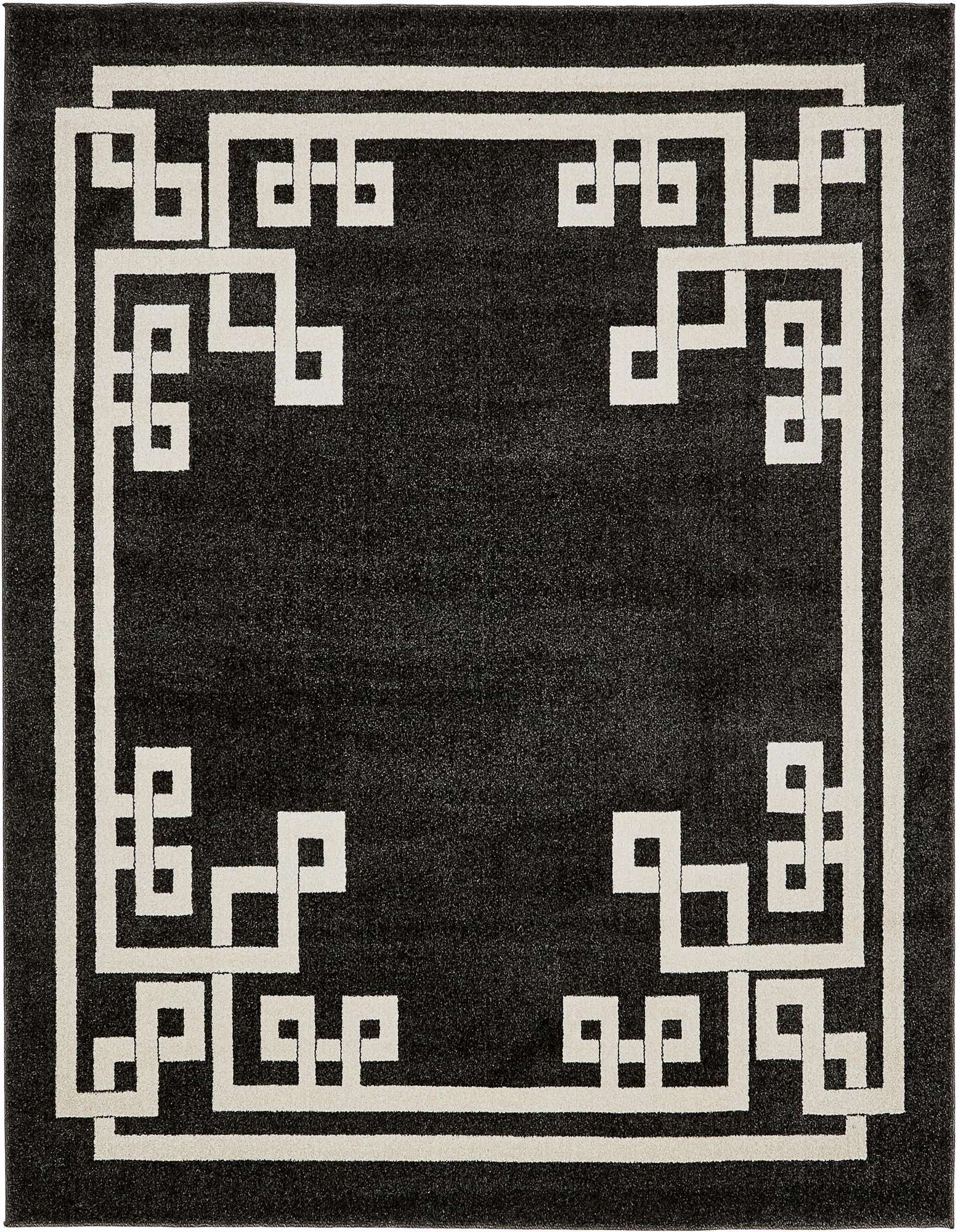 A black square rug with a bold, off-white geometric Greek key border pattern, suitable for a modern living room.