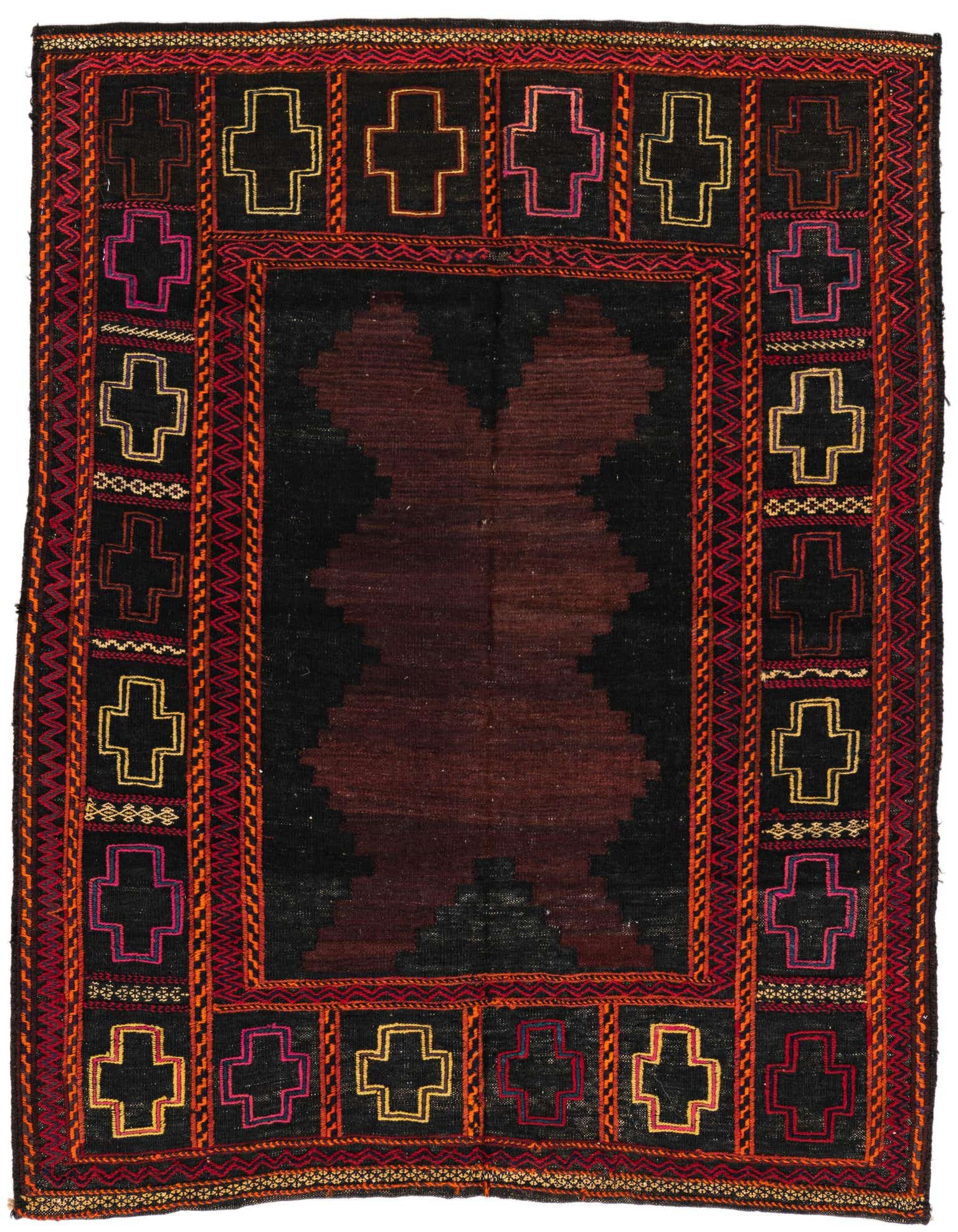 A square black and dark brown Kilim Fars rug with a tribal pattern of colorful crosses along the border.