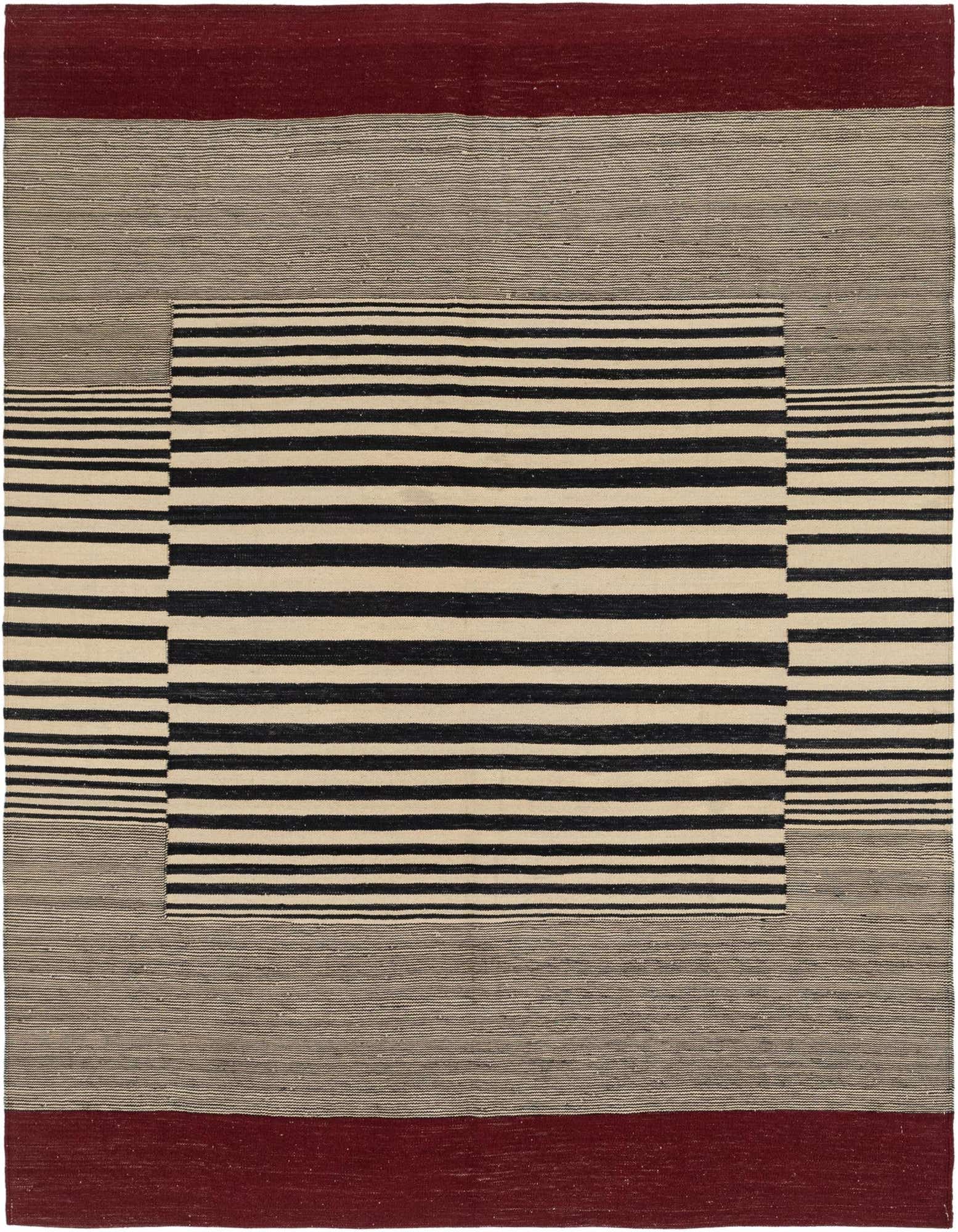 A 6' 4 x 7' 7 square Kilim Modern wool rug featuring a bold black and cream striped center, framed by light gray and deep red borders.