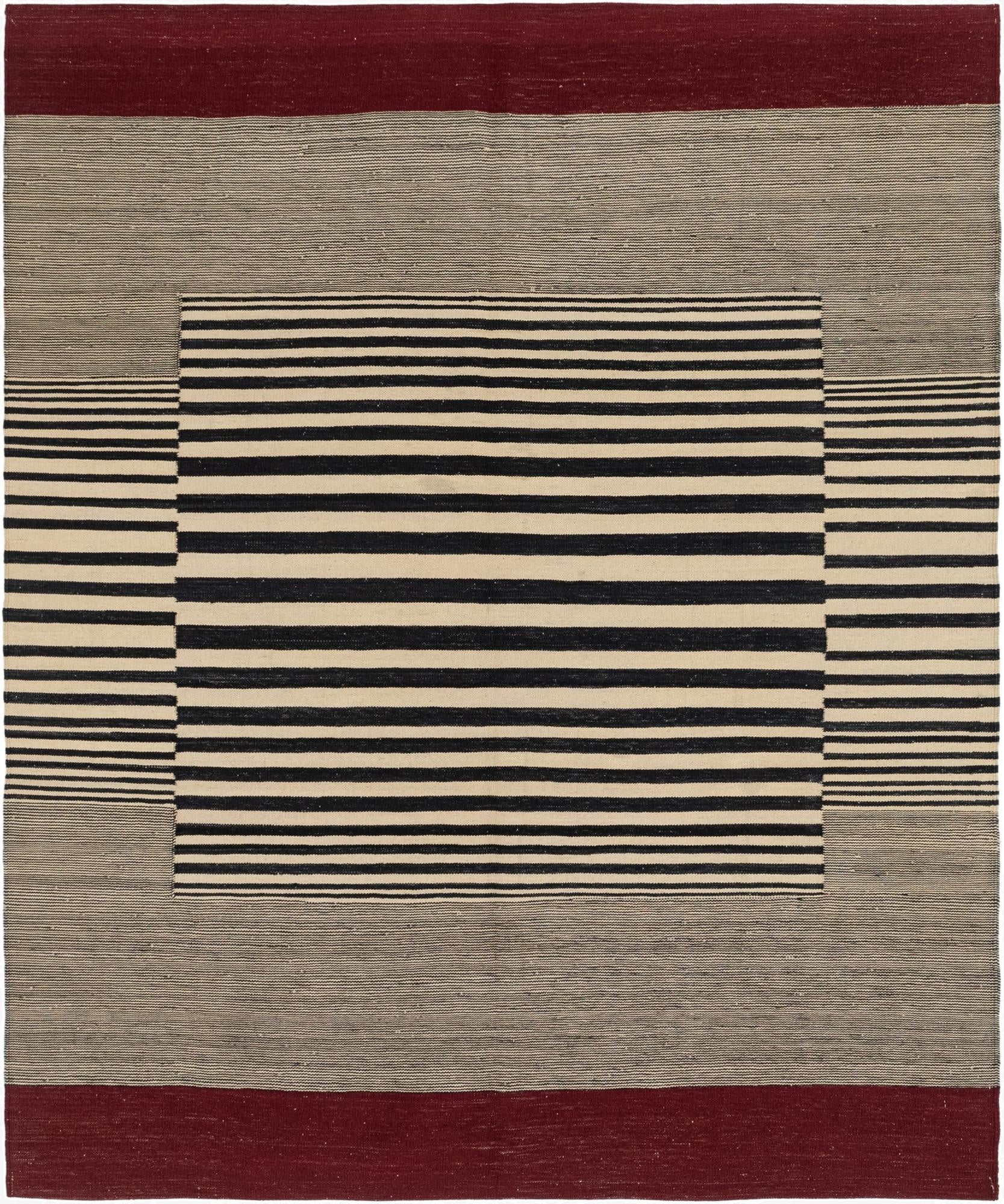 A 6' 4 x 7' 7 square Kilim Modern wool rug featuring a bold black and cream striped center, framed by light gray and deep red borders.