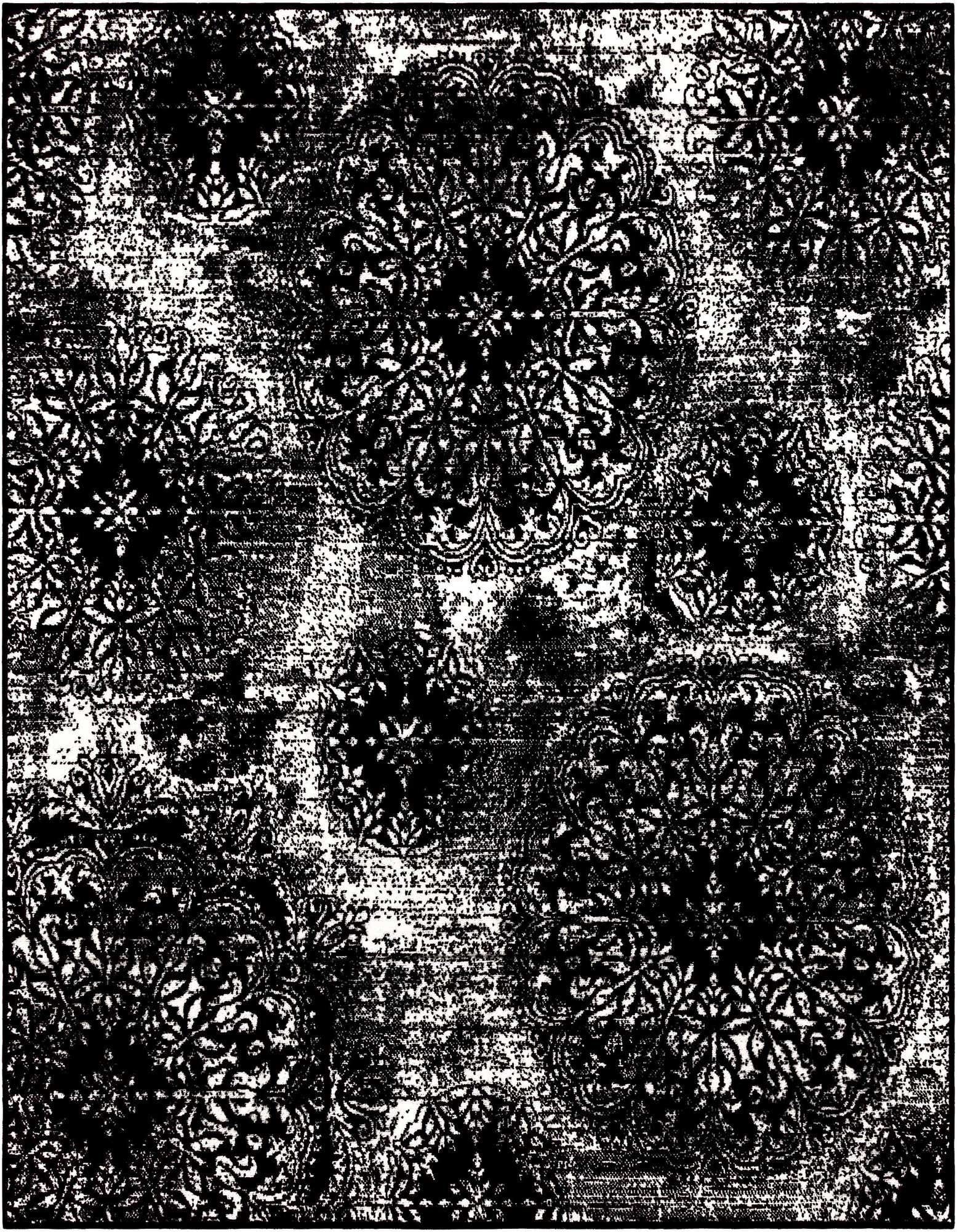 A 6' 0 x 6' 0 square black and white rug featuring a distressed traditional floral medallion pattern.