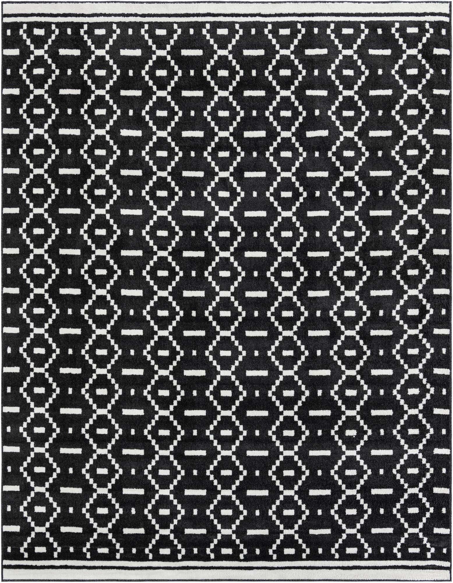 A 10'x10' square black modern rug with a repeating white geometric pattern of interconnected diamonds and dashes.