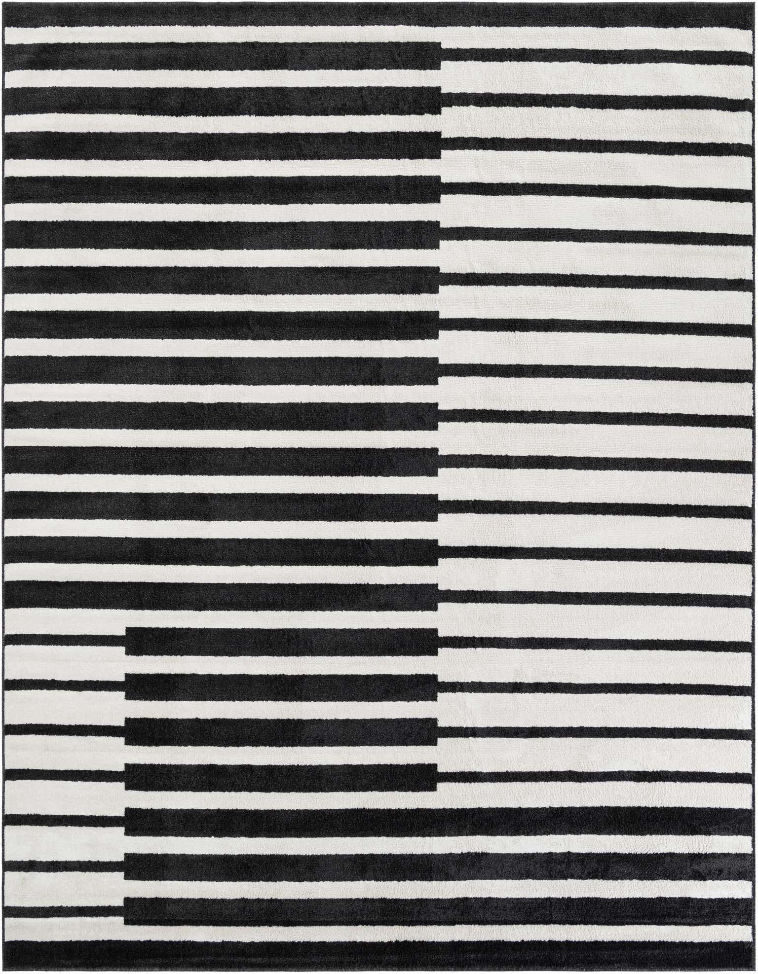 A 10x10 square black and white modern striped rug with an offset geometric pattern, suitable for an indoor living space.