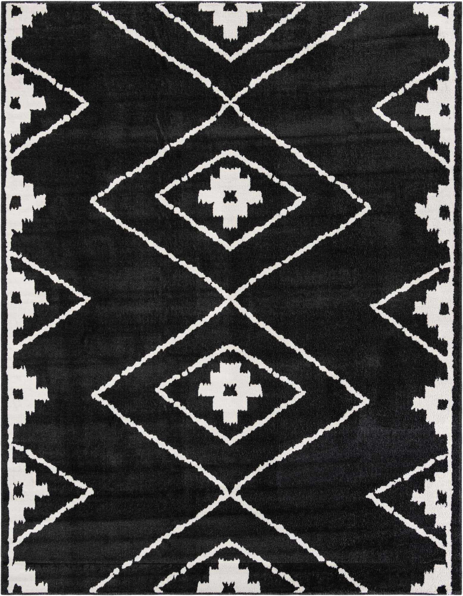 A 10' 0 x 10' 0 square black modern rug with a bold white geometric diamond and cross pattern, suitable for an indoor living space.