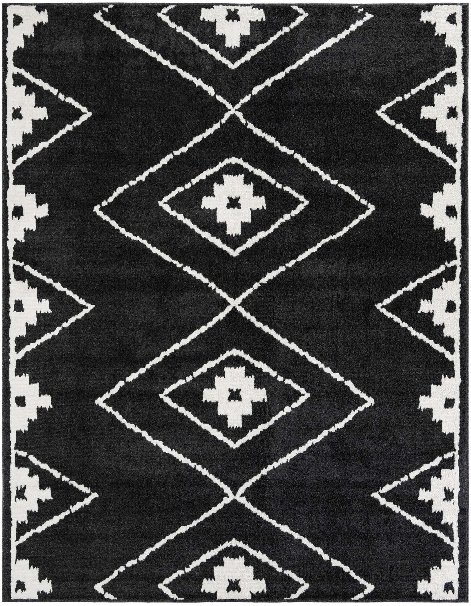 A 7' 10 x 7' 10 square black rug with a modern geometric pattern of white diamonds and crosses.