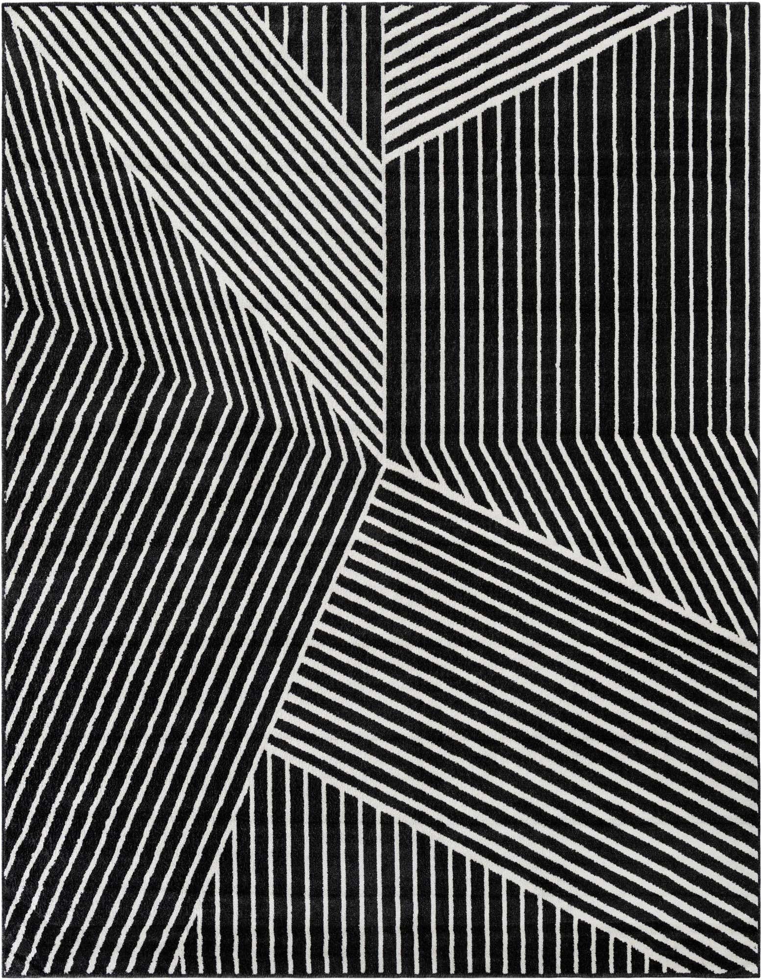 A 10'x10' square black and white modern area rug with a bold, angular stripe pattern, suitable for an indoor living space.