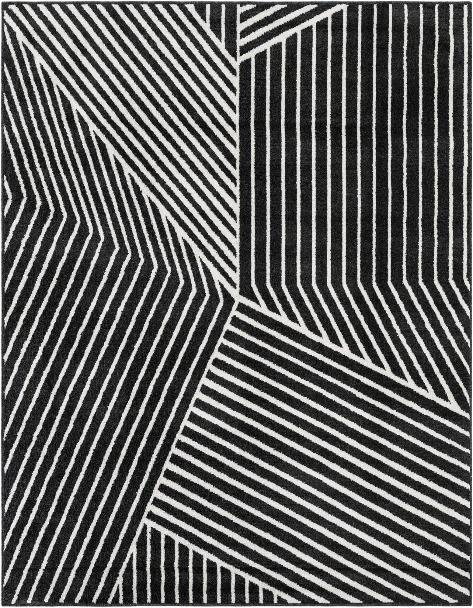 A 7' 10 x 7' 10 square black and white modern rug featuring a bold geometric stripe pattern, ideal for an indoor living space.