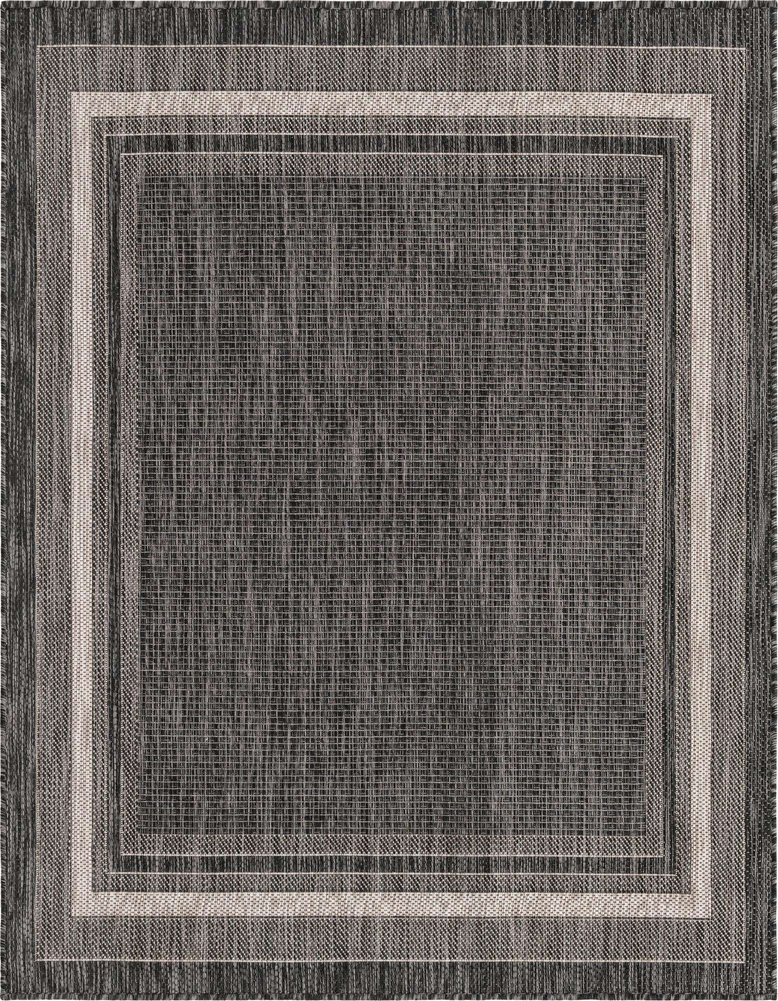A 5' 3 x 5' 3 square black indoor/outdoor rug with a subtle striped border, ideal for a patio or modern living space.