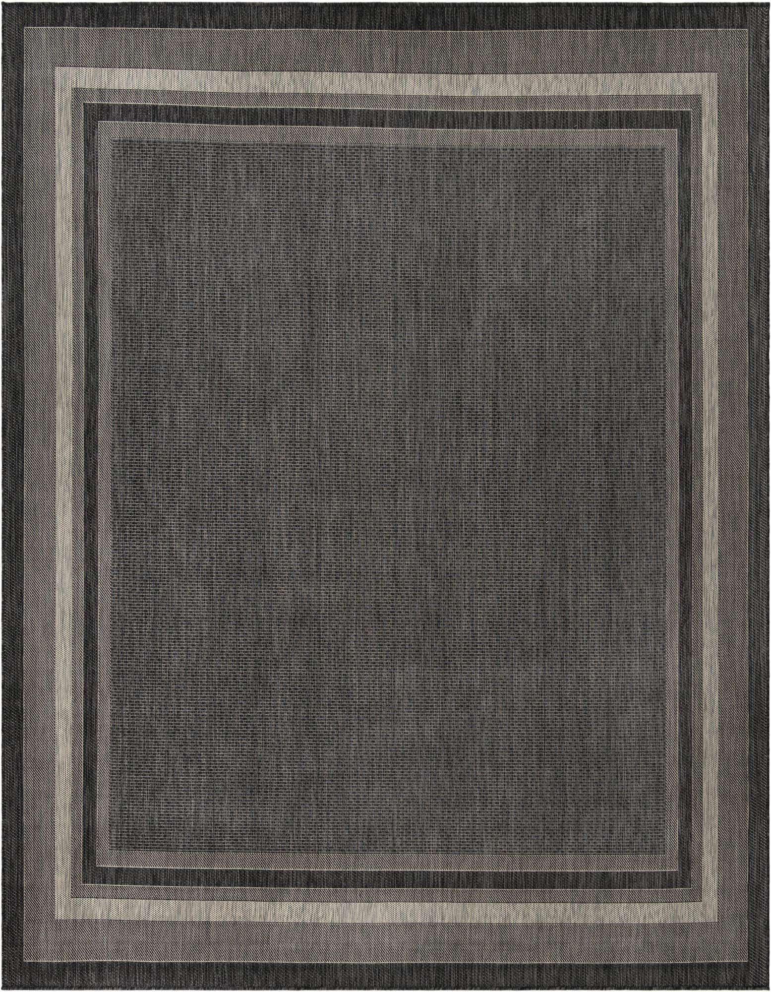 A 13' 0 x 13' 0 square black indoor/outdoor rug with a modern multi-tone border design, suitable for a patio.