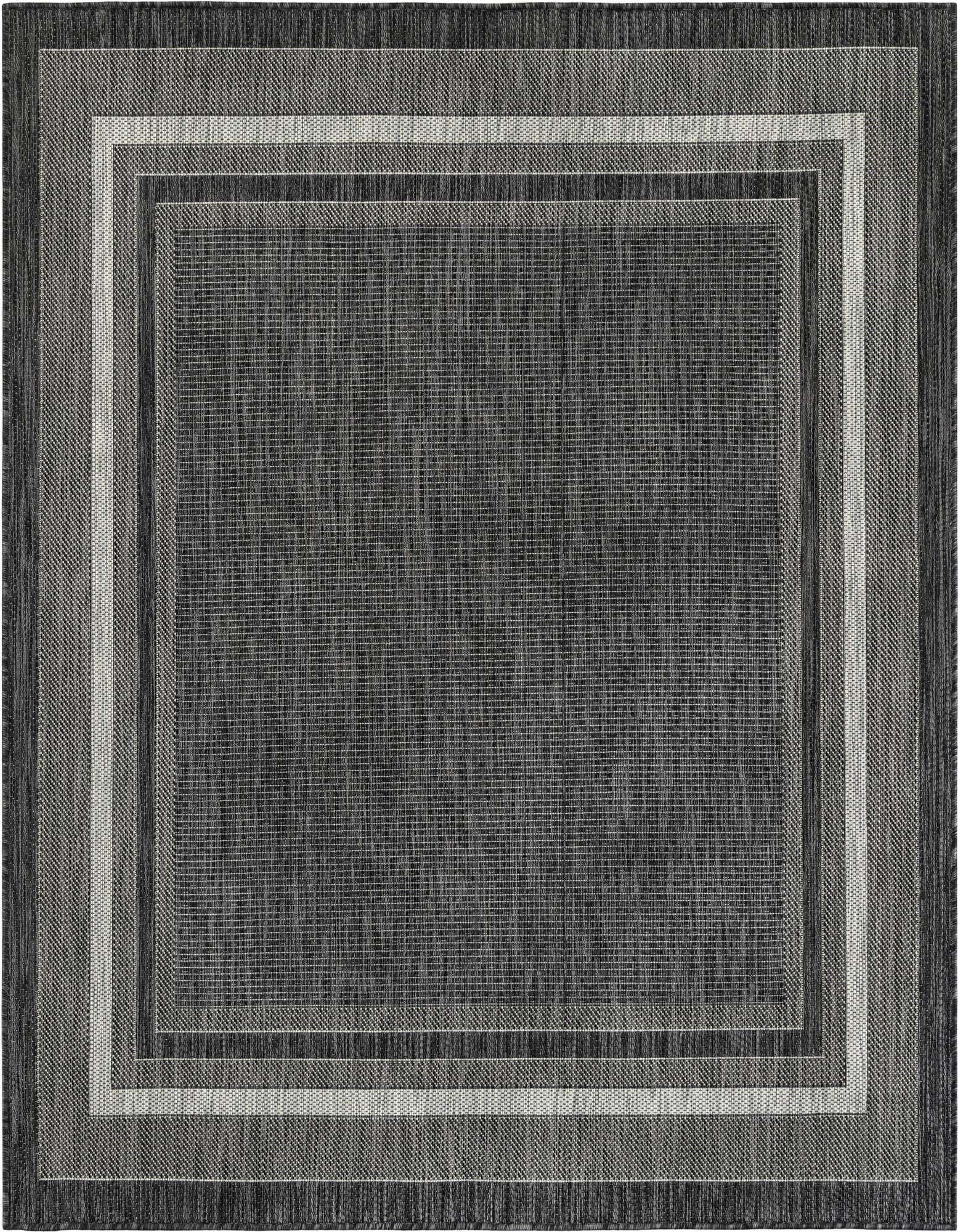 A 6'x6' square black modern indoor/outdoor rug with a textured flatweave and a subtle striped border.