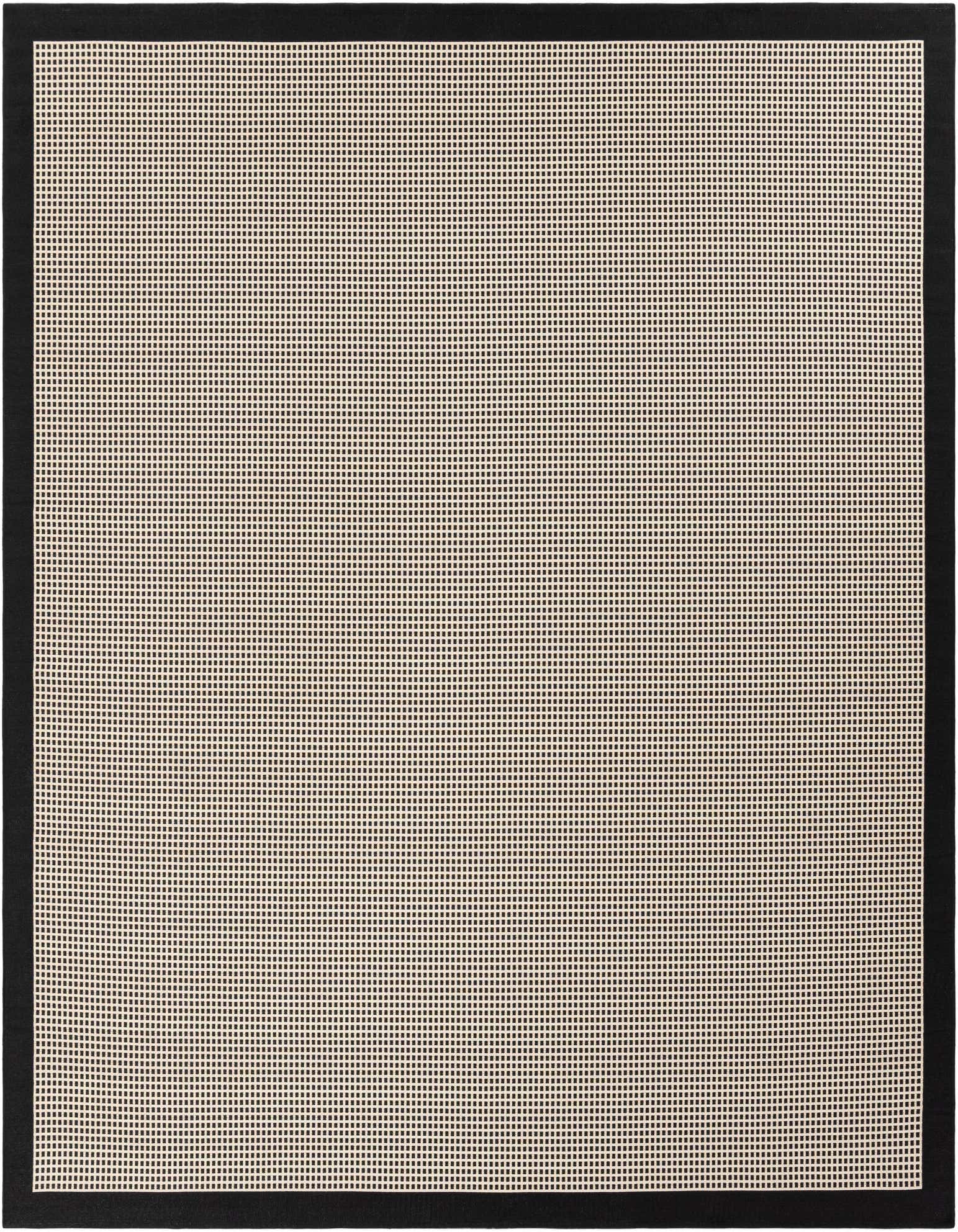 A 10'x10' square black and beige modern flatweave rug with a solid black border, suitable for indoor or outdoor use.