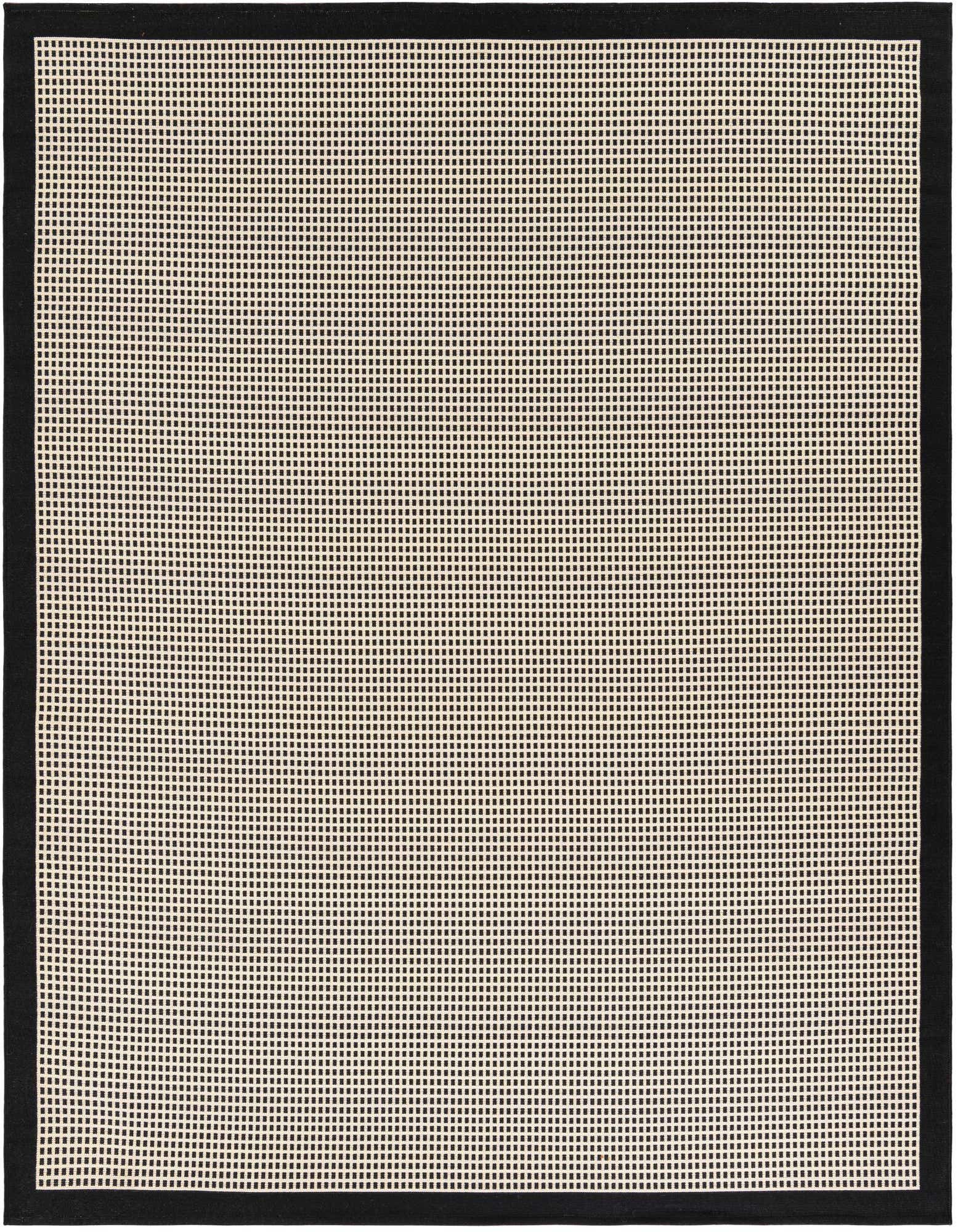 A 7' 10 x 7' 10 square black and beige modern flatweave rug with a solid black border, suitable for indoor or outdoor use.