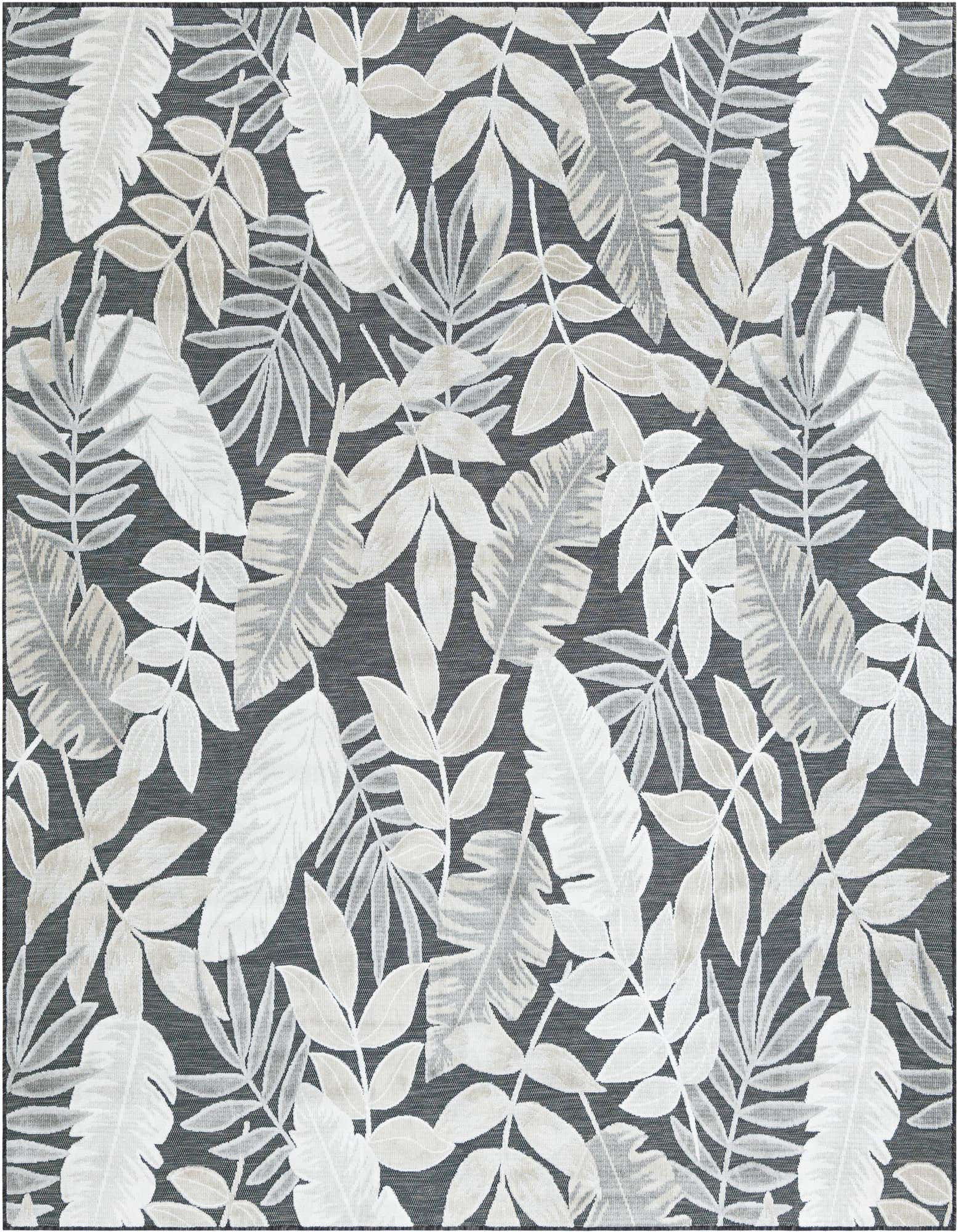 A square black indoor/outdoor rug with an abstract tropical leaf pattern in shades of white and beige.